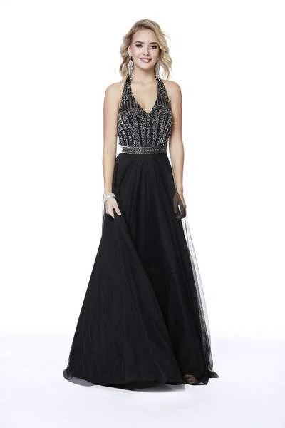 Huge Savings – Act Now!Shail K - Embellished Halter V-neck Tulle A-line Dress 12208 - 1 pc Black In Size 8 Available
