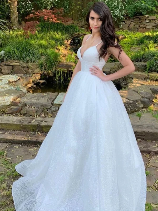 Best Price of the Season!White v neck sequin tulle long prom dress white tulle formal dress    cg21865