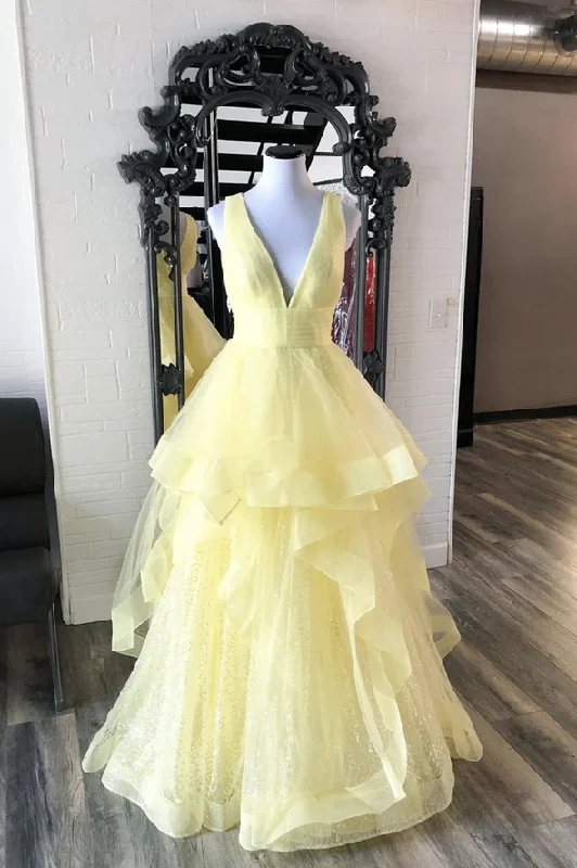 The Sale You’ve Been Waiting For!Yellow tulle sequins long A line prom dress evening dress    cg21779