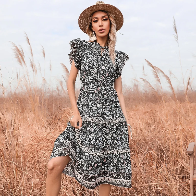 Best Price of the Season!KittenAlarm - Floral V-neck Flared Sleeve Dress