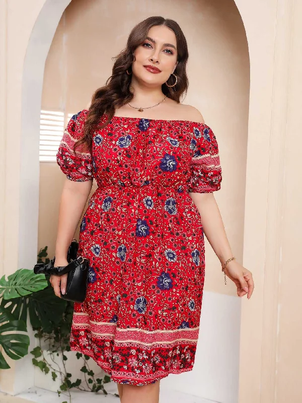 Only a Few Left – Order Now!KittenAlarm - Plus Size Boho Print Off Shoulder Elastic Waist Dress