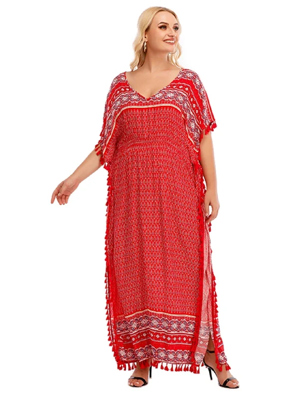 Hurry, Sale Ends Soon!KittenAlarm - Onesize Boho Print Elastic Waist Dress With Tassel Detail