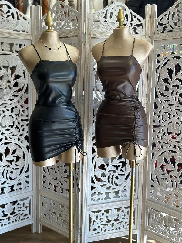 Score Huge Discounts Today!Black Faux Leather Ruched Dress