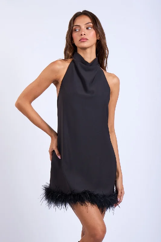 Special Discounts Inside!BLACK FEATHER HALTER DRESS