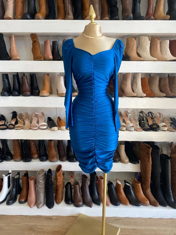 Score Big Savings Today!Blue Long Sleeve Ruched Dress