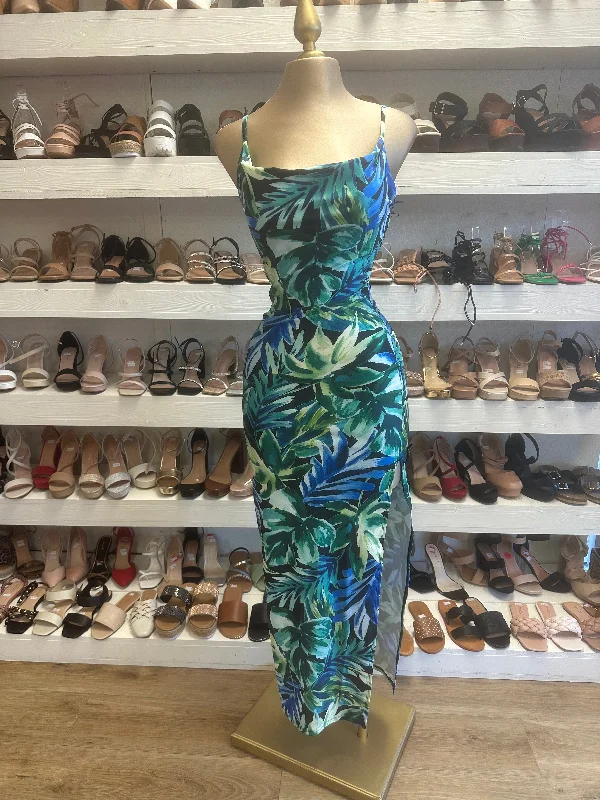Best Offers of the Month!Blue Tropical Print Slit Dress