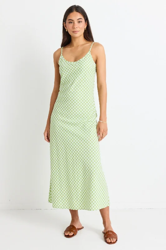Massive Price Cuts!Golden Hour Green Gingham Bias Slip Dress