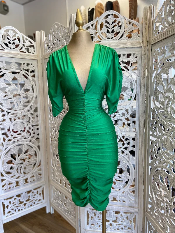 Get the Best for Less!Green Ruched V neck Dress