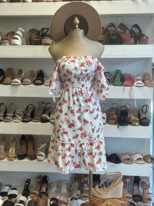 Lowest Prices Guaranteed!Off Shoulder White Floral Dress
