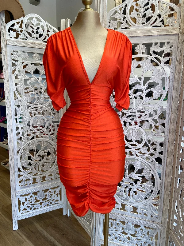 Today’s Deals, Tomorrow’s Regrets!Orange Ruched V neck Dress