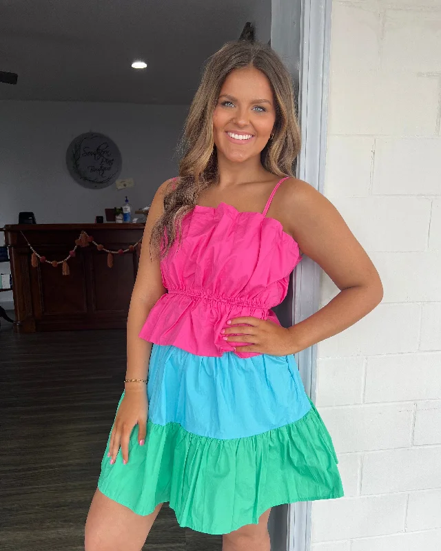 Huge Savings – Act Now!Pink, blue, green tiered dress