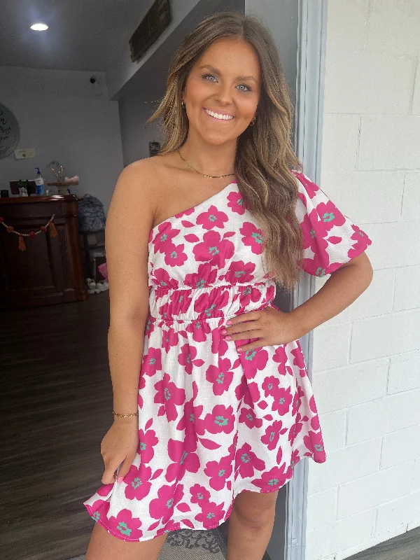 Your Wallet Will Thank You!Pink floral one shoulder dress