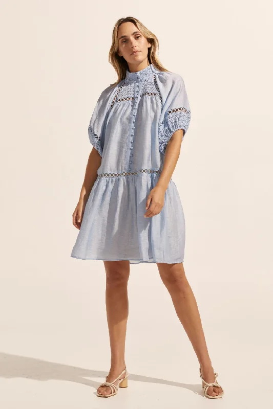 Limited Stock Available!Pivot Sky Blue Embroided Detail SS Dress