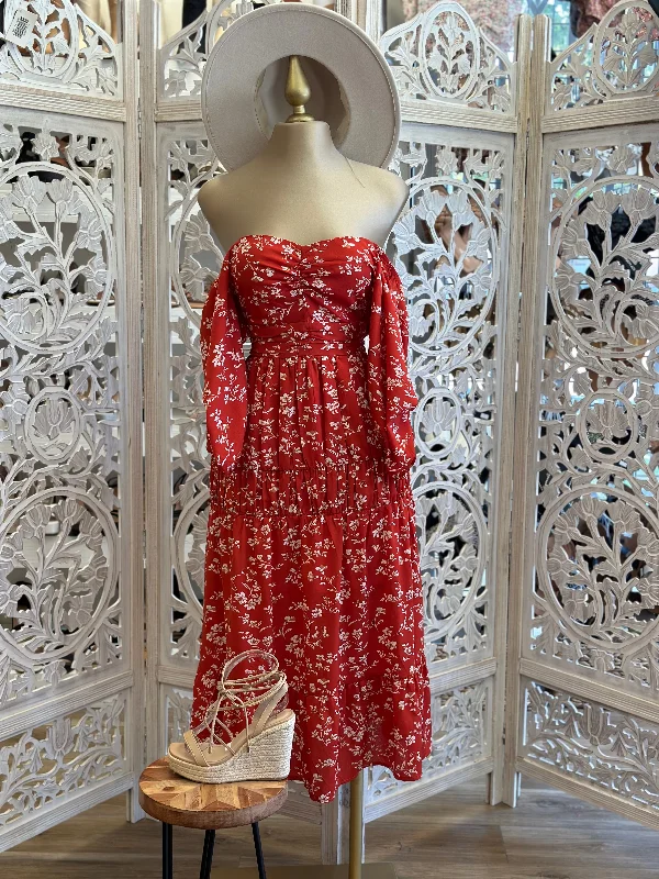 Save Like Never Before!Red Maxi Floral Dress