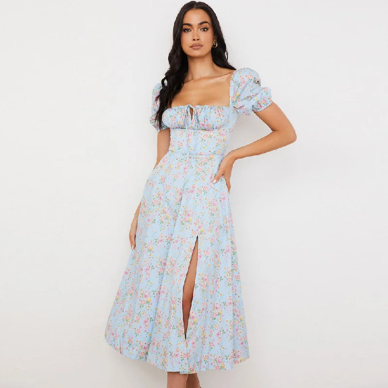 Today’s Deals, Tomorrow’s Regrets!BerryBetty - Daisy Printed Puff Sleeve High Slit Smock Maxi Sundress - Light Blue