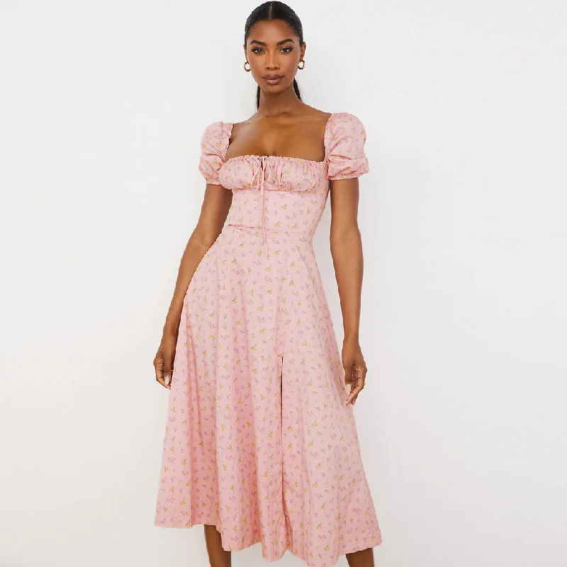 Huge Price Cuts Await!BerryBetty - Daisy Printed Puff Sleeve High Slit Smock Maxi Sundress - Pink
