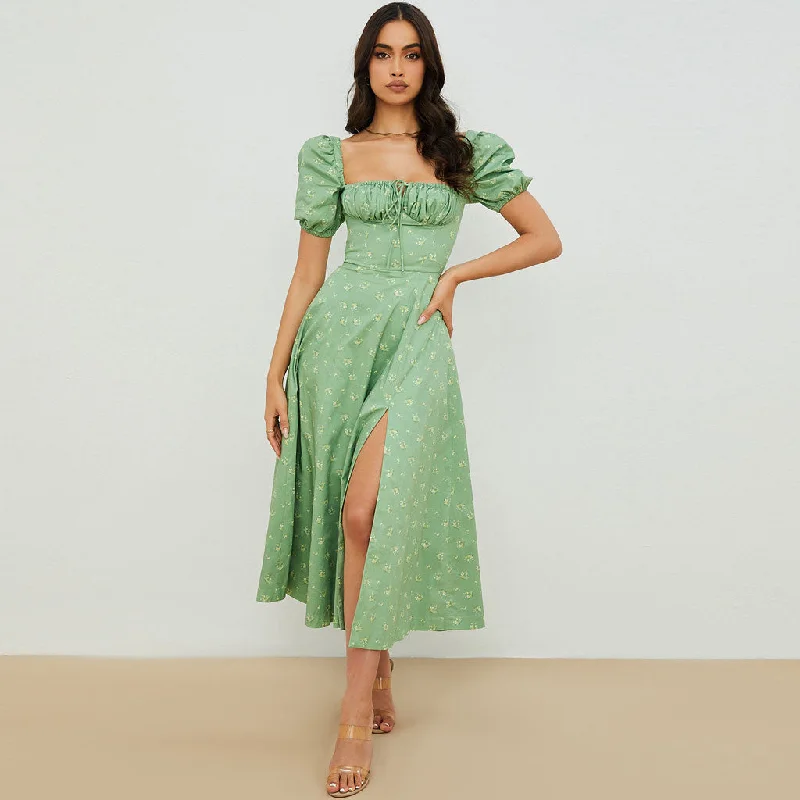 Save More Than Ever!BerryBetty - Daisy Printed Puff Sleeve High Slit Smock Maxi Sundress - Sage Green
