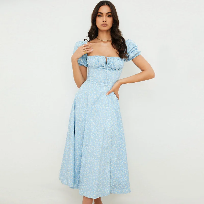 Exclusive Offers You’ll Love!BerryBetty - Daisy Printed Puff Sleeve High Slit Smock Maxi Sundress - Sky Blue