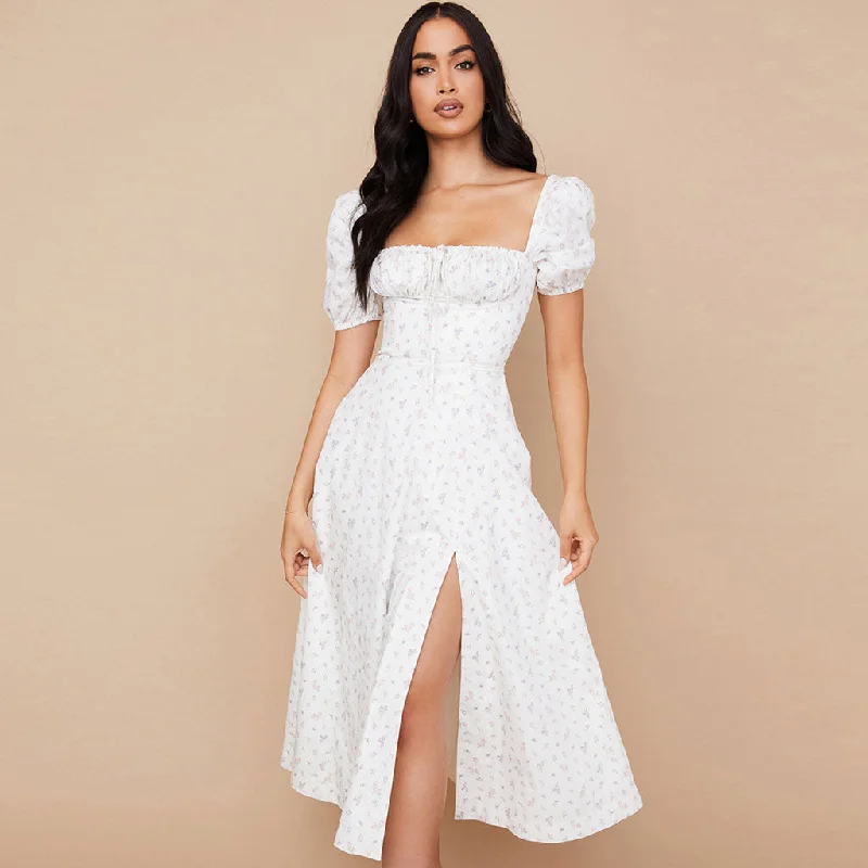 More Discounts, More Joy!BerryBetty - Daisy Printed Puff Sleeve High Slit Smock Maxi Sundress - White