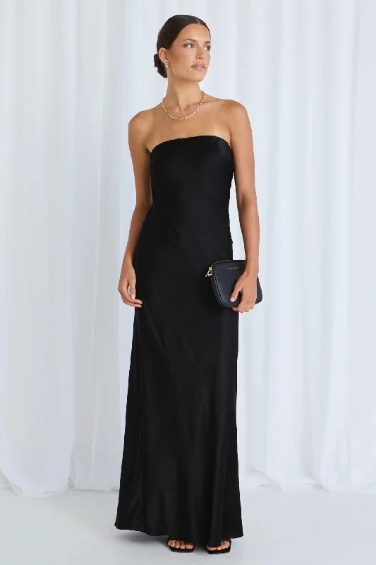 Save Up to 50% Off!Shade Black Satin Strapless Bias Dress