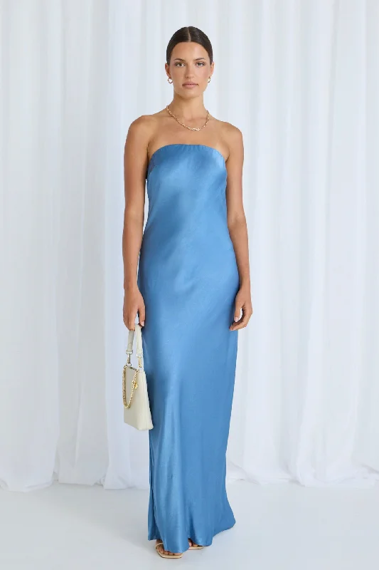 The Best Sale of the Year!Shade Blue Satin Strapless Bias Dress