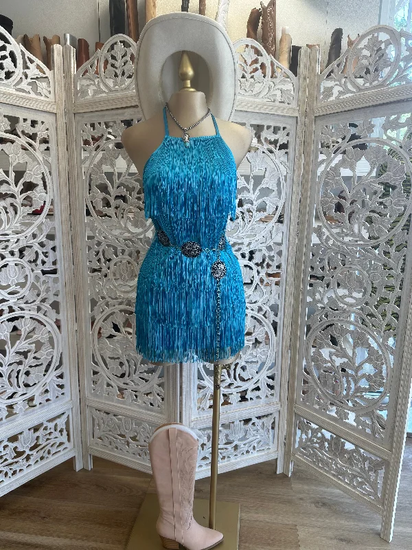 Buy One, Get One Free!True Blue Halter Fringe Dress