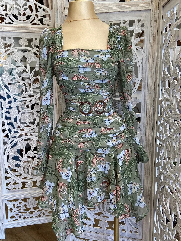 Shop Smart, Save Big!Square Neck Olive Floral Dress