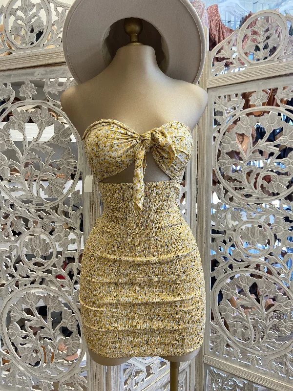 Shop More, Spend Less!Yellow Floral Strapless Dress