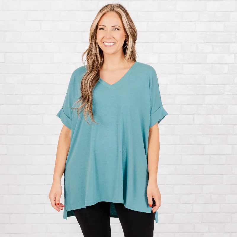 Save Like Never Before!Comfy Travels Top, Dusty Teal