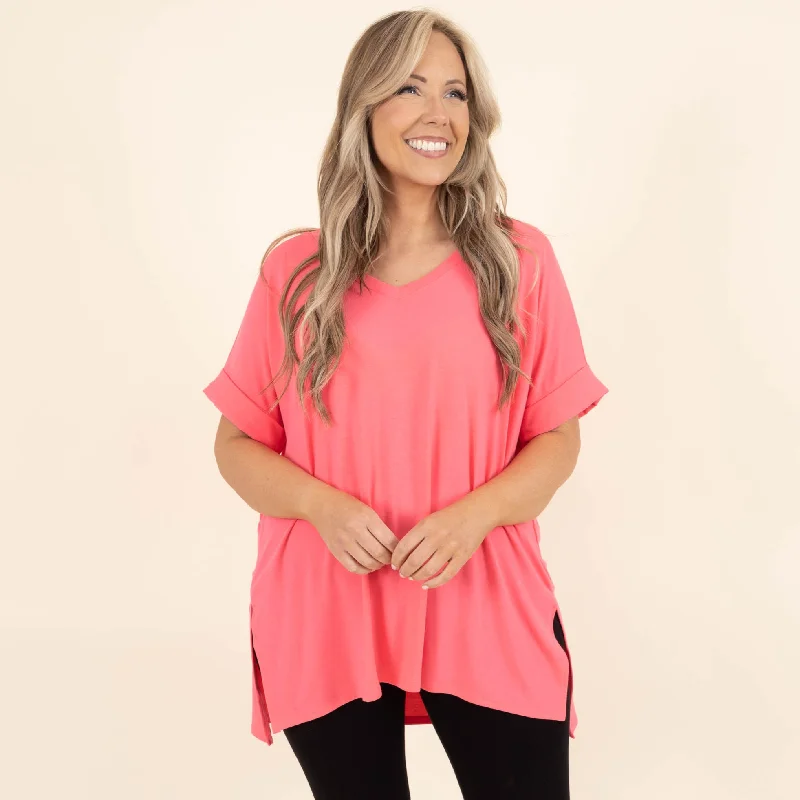 Flash Sale – Act Fast!Comfy Travels Top, Neon Coral Fuchsia