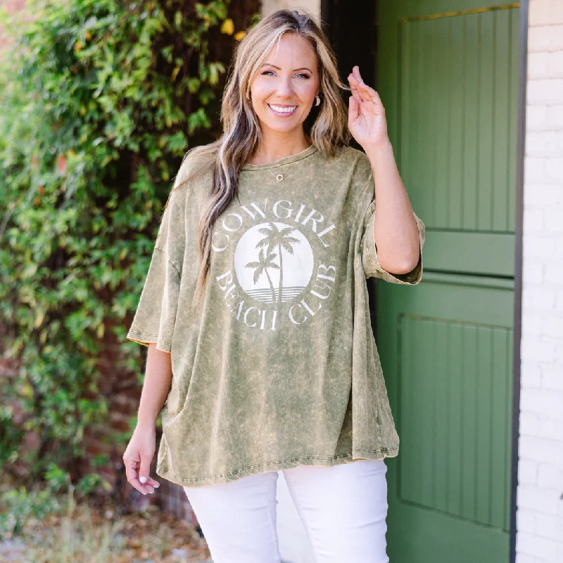 Act Fast – Limited Time Savings!Cowgirl Club Acid Wash Boyfriend Tee, Golden Olive