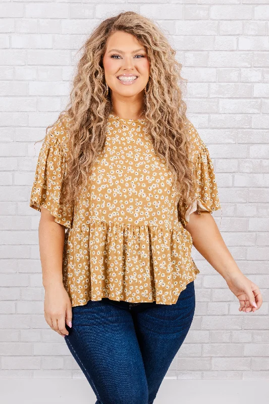 Lowest Prices Guaranteed!See The Flowers Top, Mustard