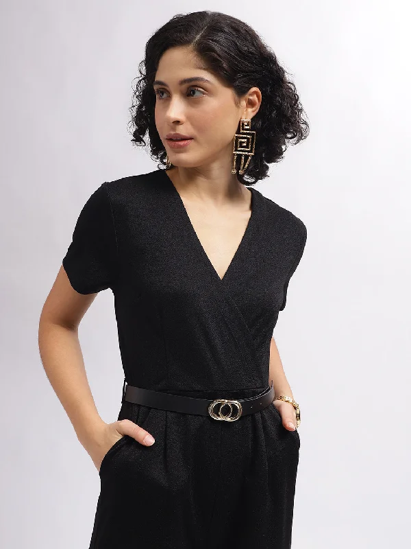 Get It Before It’s Gone!Centre Stage Women Black Solid Wrap Neck Short Sleeves Jumpsuit
