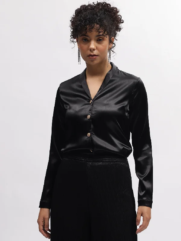 Unbeatable Prices!Centre Stage Women Black Solid Shawl Collar Full Sleeves Shirt