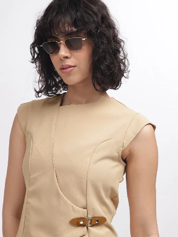 Shop Now and Save!Centre Stage Women Beige Solid Assymetric Neck Short Sleeves Top