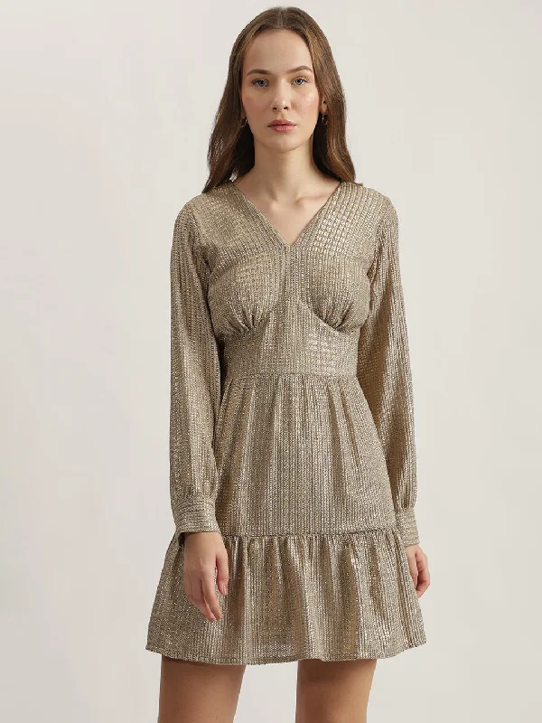 Hurry! While Supplies Last!Centre Stage Women Gold Self Design V-Neck Full Sleeves Tiered A-Line Dress