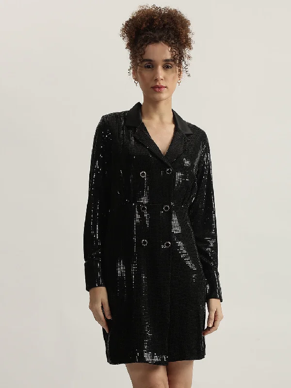 Best Deals Just for You!Centrestage Women Black Embellished Notched Collar Full Sleeves Bodycon Dress