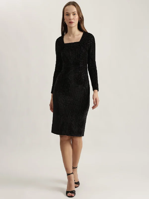 Don't Miss Out!Centre Stage Women Black Self Design Square Neck Full Sleeves Sheath Dress
