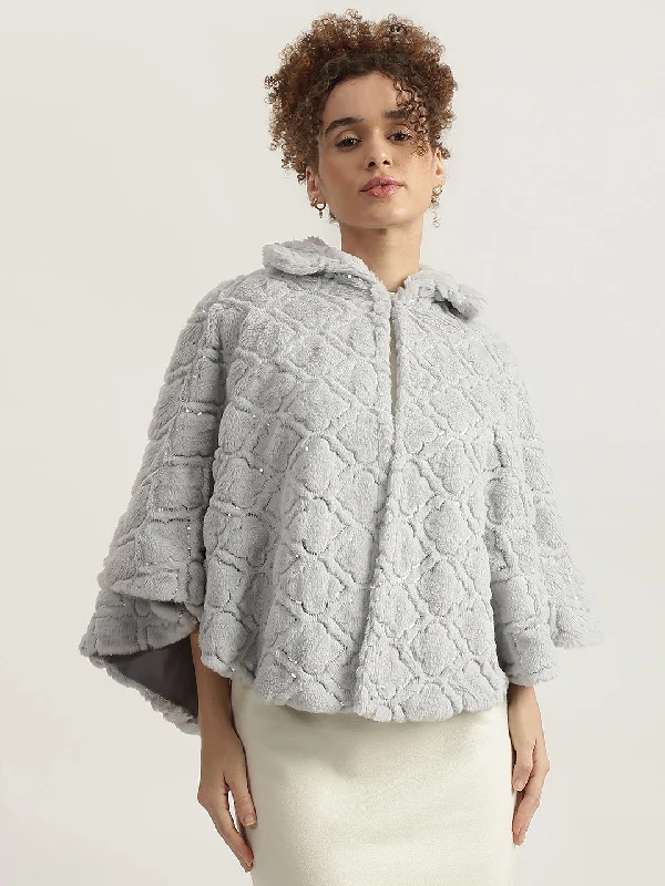 Huge Savings – Act Now!Centrestage Women Grey Self Design Spread Collar Full Sleeves Poncho Jacket