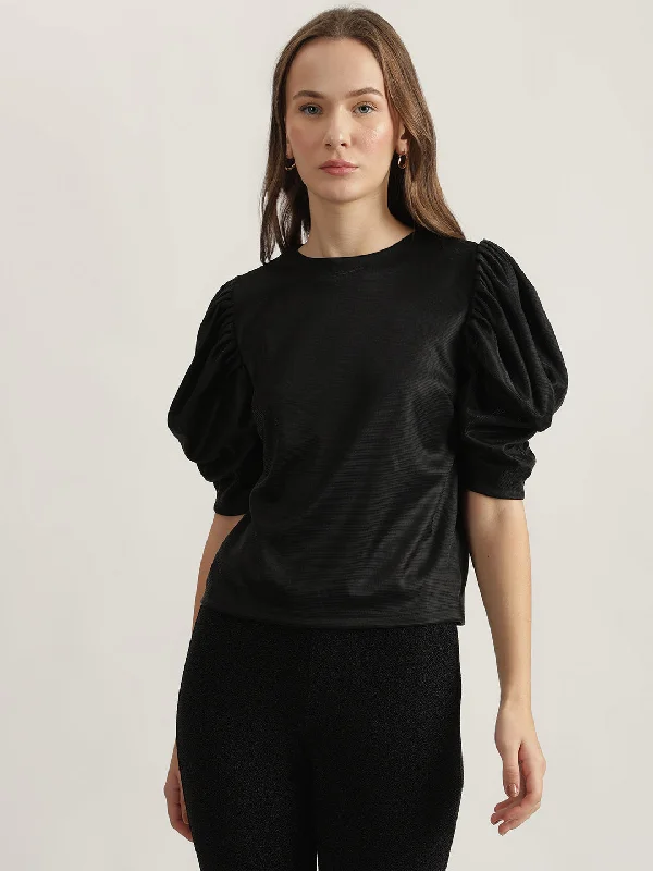 Shop Now and Save!Centre Stage Women Black Solid Round Neck Short Sleeves Top
