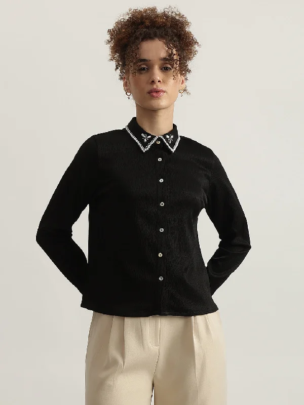 Best Price of the Season!Centrestage Women Black Solid Spread Collar Full Sleeves Shirt