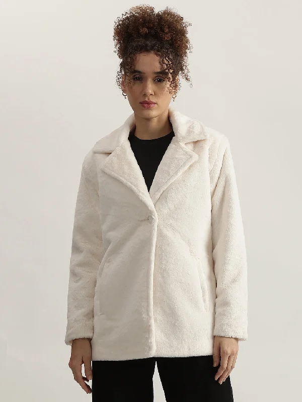 Time to Save Big!Centrestage Women White Solid Spread Collar Full Sleeves Fleece Coat