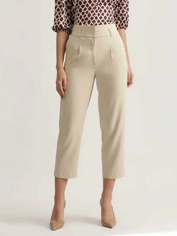 Limited Time Offer!Centre Stage Women Beige Solid Regular Fit Single Pleated Trouser