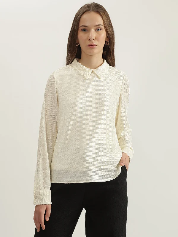 Save Like Never Before!Centrestage Women Cream Solid Collar Neck Full Sleeves Top