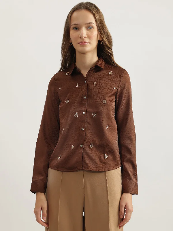 Your Favorite Sale is Back!Centrestage Women Brown Embellished Spread Collar Full Sleeves Top