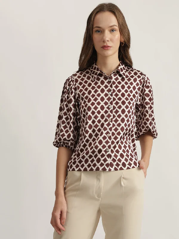 Get More, Spend Less – Shop Now!Centre Stage Women Brown Printed Spread Collar Short Sleeves Shirt