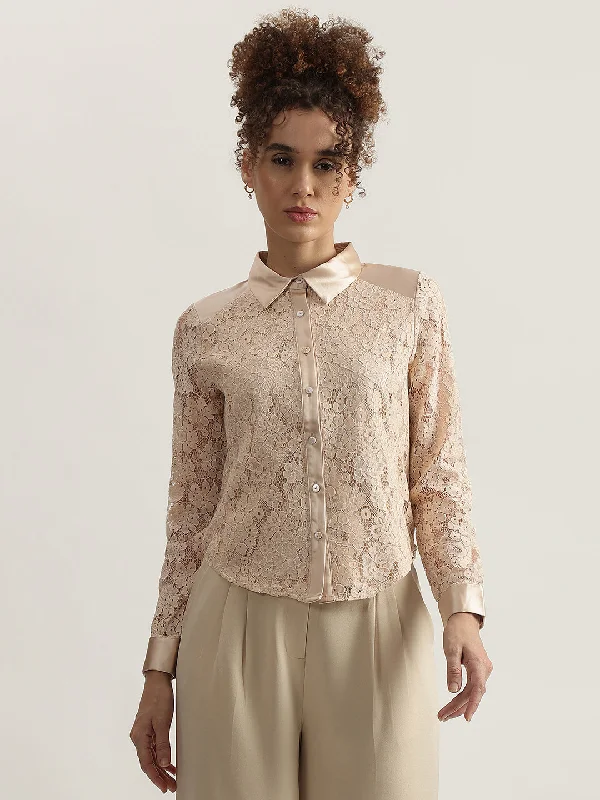 Shop the Hottest Deals!Centrestage Women Beige Self Design Spread Collar Full Sleeves Shirt