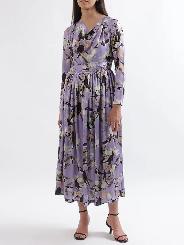 Limited Stock Available!Centre Stage Women Lilac Printed Round Neck Dress