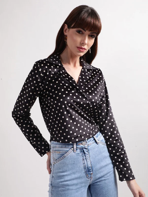 The Sale You’ve Been Waiting For!Elle Women Black Printed Collar Neck Full Sleeves Top