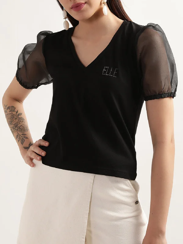 Limited-Time Price Drop!Elle Women Black Solid V Neck TShirt
